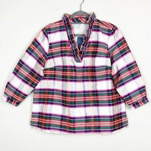 CROWN & IVY Women's Ruffle Y-Neck Plaid Top XL Lined Holiday Blouse